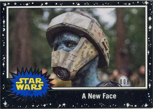Robotic alien head with tan helmet and blue skin from Star Wars Journey trading cards
