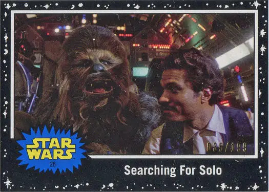 Trading card showcasing Chewbacca and Han Solo in the Millennium Falcon cockpit, black parallel