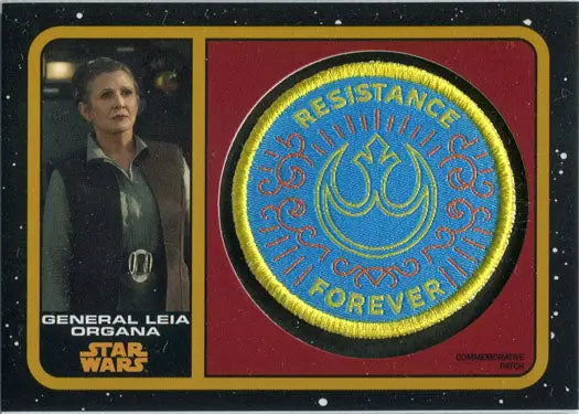 Circular blue and gold patch card featuring Resistance Forever and Rebel Alliance symbol