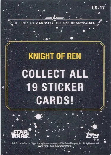 Collectible Star Wars Knight of Ren sticker card from Rise of Skywalker trading cards