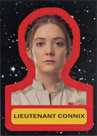 Portrait of Lieutenant Connix with braided hair on a starry sticker card background