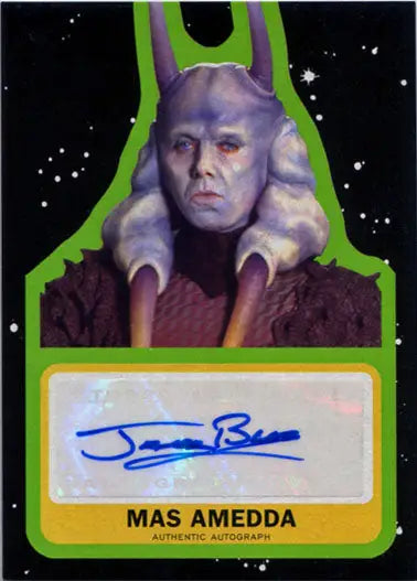 Autograph card featuring a purple-skinned alien against a starry background in Star Wars trading cards