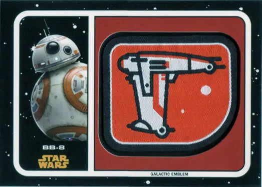 Spherical droid BB-8 with orange and white design on Star Wars emblem patch