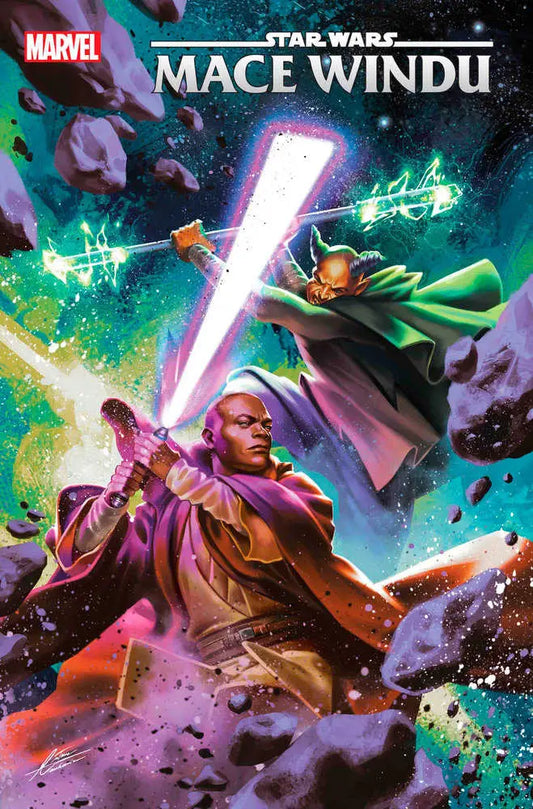 Comic book cover of Mace Windu with a purple lightsaber in action pose