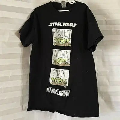 Black short sleeve Star Wars T-shirt featuring Grogu in three poses, perfect for fans