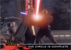 Two lightsabers clash with a bright flash on a Star Wars Revenge of the Sith promo card