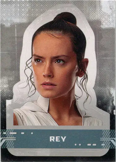 Portrait of Rey in white attire on gray for Star Wars character sticker card