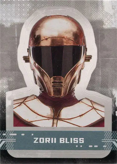 Futuristic helmet with gold visor on Star Wars character sticker card Zorii Bliss