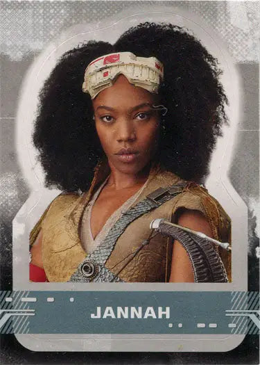 Portrait of woman with curly hair in headband and futuristic outfit on character sticker card