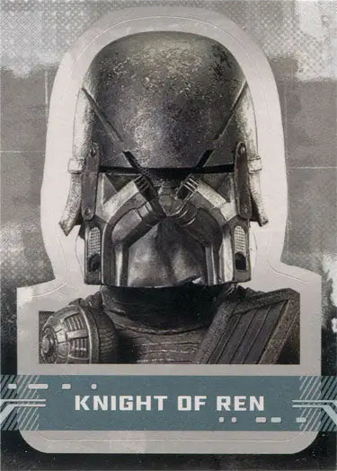 Metallic helmet with angular design featured on Star Wars character sticker card