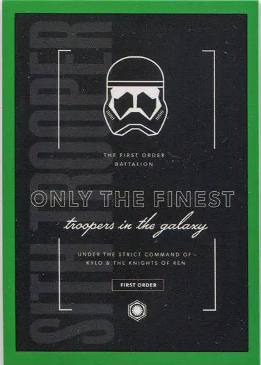 Stylized Stormtrooper helmet icon advertising The First Order Battalion on Green Parallel trading card