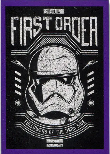 Stylized black and white Stormtrooper helmet with First Order text for Star Wars purple parallel trading cards