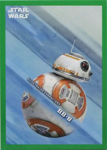 Spherical orange and white droid rolling fast in Star Wars Rise Skywalker illustrated character card