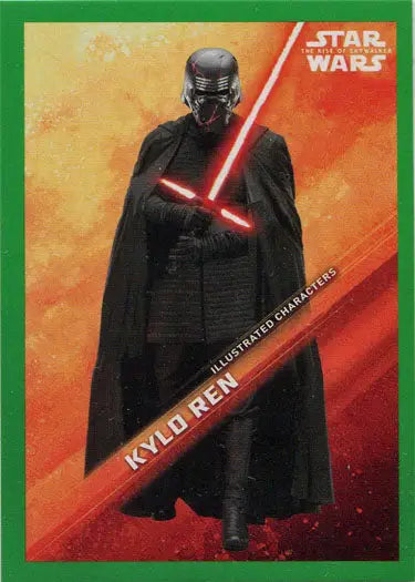 Dark-clad Kylo Ren wielding a red cross-shaped lightsaber in illustrated character card