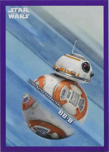 Spherical orange and white BB-8 droid from Star Wars illustrated character trading card