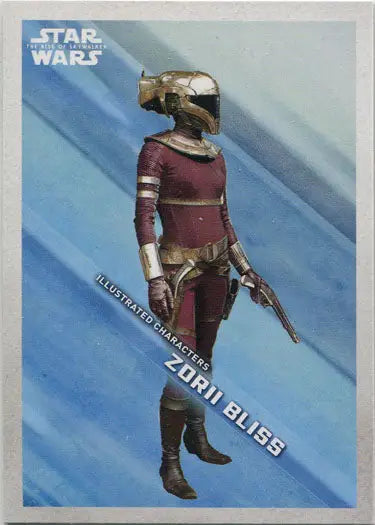 Zorii Bliss in maroon and gold armor with a blaster on Star Wars illustrated character card