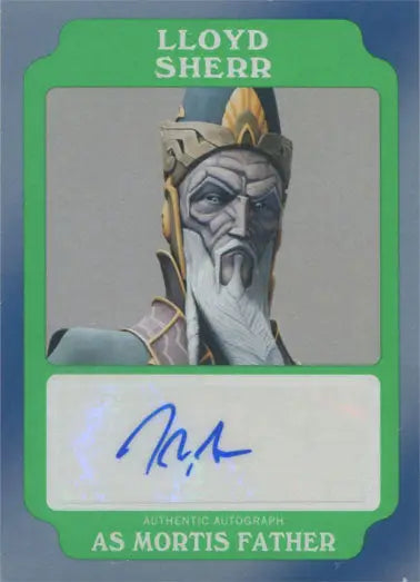 Autograph card featuring Lloyd Sherr as Mortis Father in trading card display