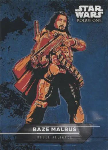 Character card of Baze Malbus in red and black attire from Star Wars Rogue One sticker card
