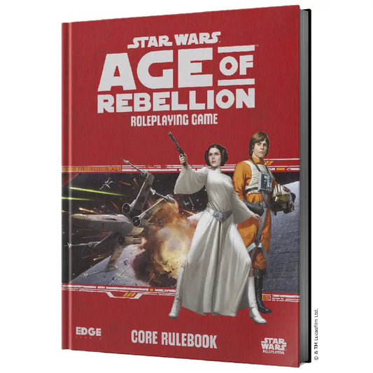 Star Wars Age of Rebellion core rulebook with red cover and Rebel characters