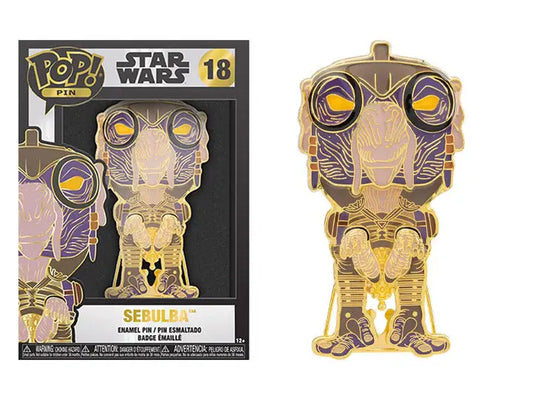 Gold and purple metallic C-3PO Funko Pop pin featuring Star Wars branding and Sebulba Funko
