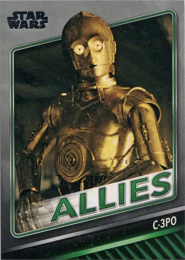 Golden humanoid robot with glowing eyes in Star Wars Allies Chase Card A-5 C-3PO