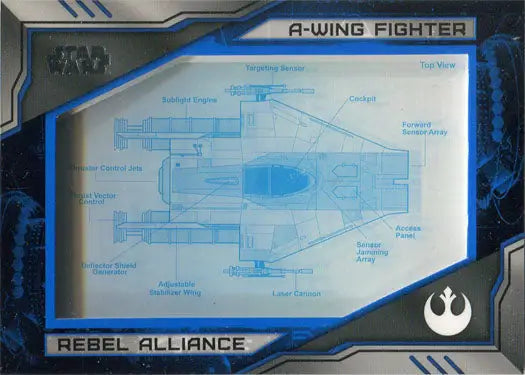 Blueprint schematic of A-wing fighter spacecraft on Star Wars relic card for collectors