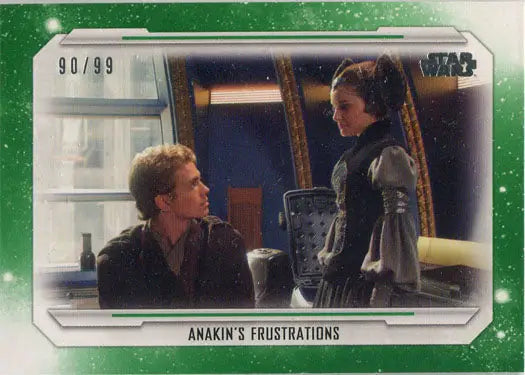 Trading card of Star Wars characters in conversation, green parallel base design