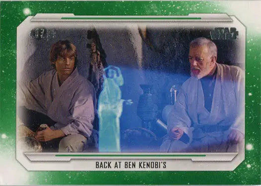 Star Wars Skywalker Saga Green Parallel Base Card 45 featuring characters and hologram scene