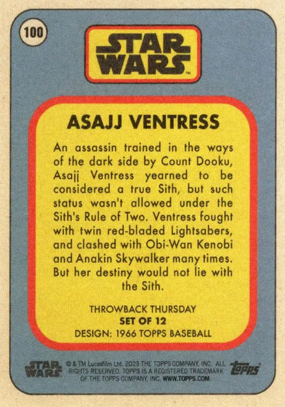 Trading card of Asajj Ventress from Star Wars in 1966 Topps Baseball style