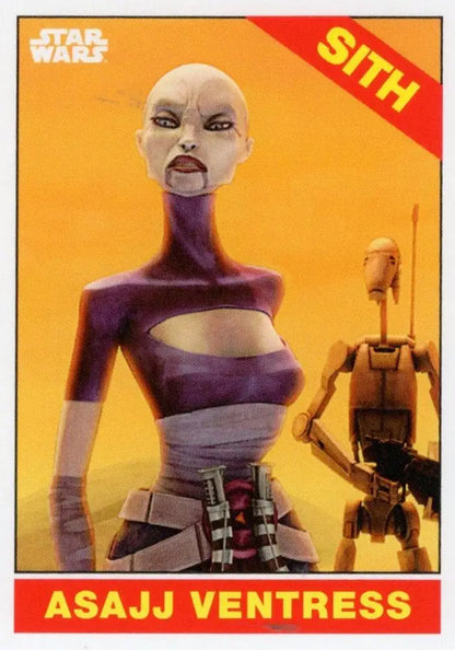 Asajj Ventress from Star Wars in purple attire on Topps Baseball trading card