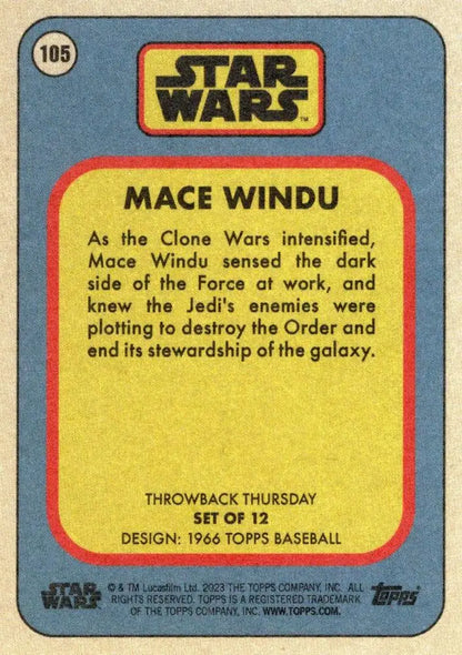 Star Wars trading card of Mace Windu from Topps Baseball Throwback Thursday 2023