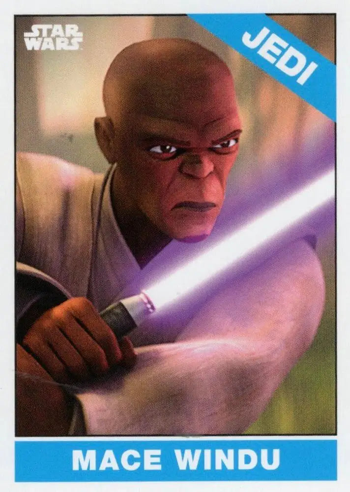 Star Wars trading card of Mace Windu with a purple lightsaber from Topps Baseball