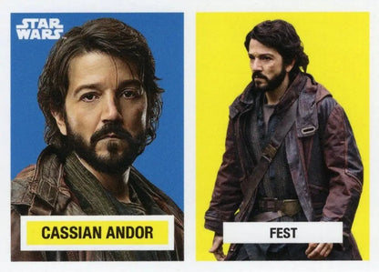 Side-by-side comparison of men with beards in dark jackets for Star Wars trading cards
