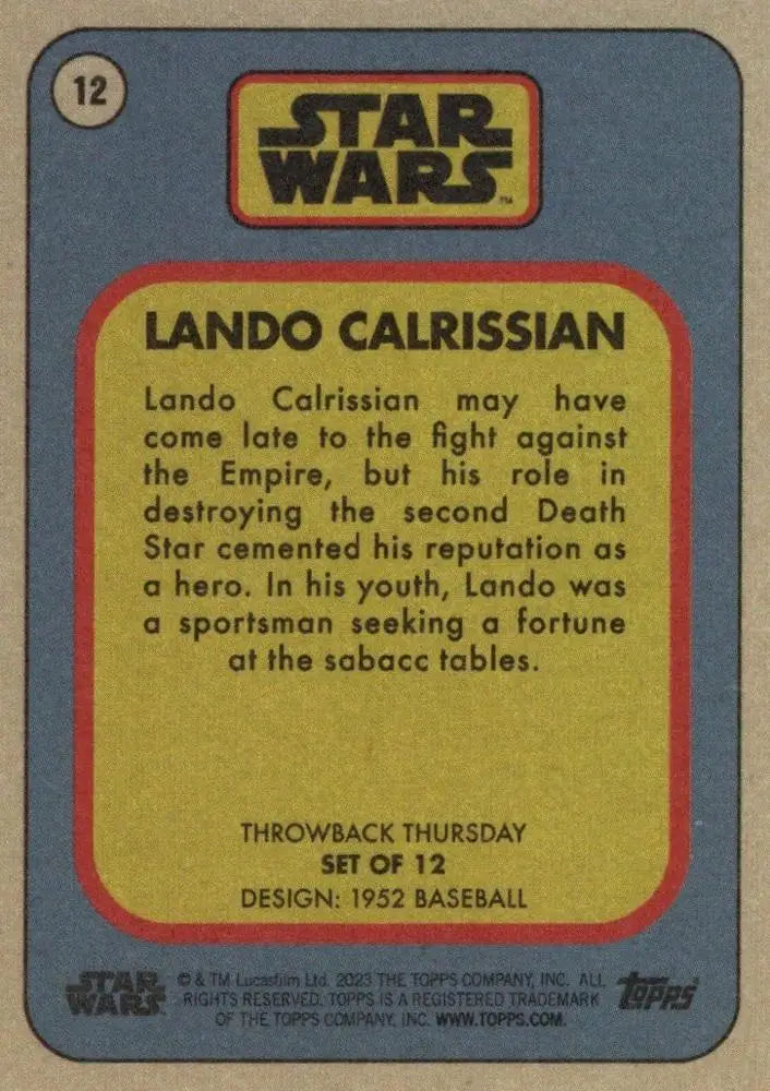 Star Wars trading card featuring Lando Calrissian from Baseball Cards Throwback Thursday 2023