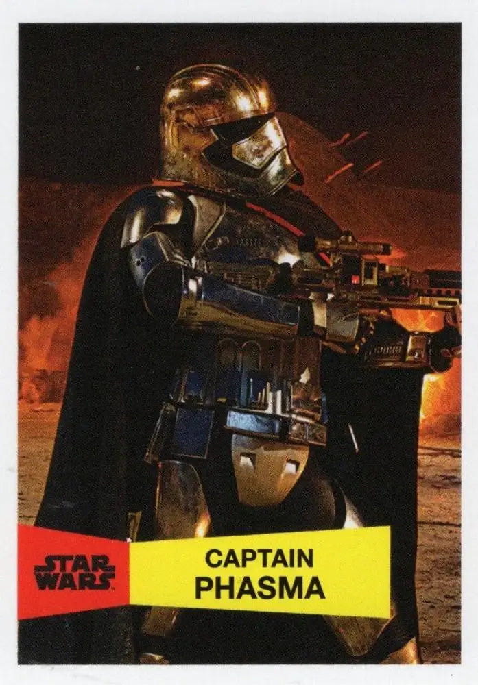 Armored Star Wars soldier in chrome armor with blaster rifle against fiery background