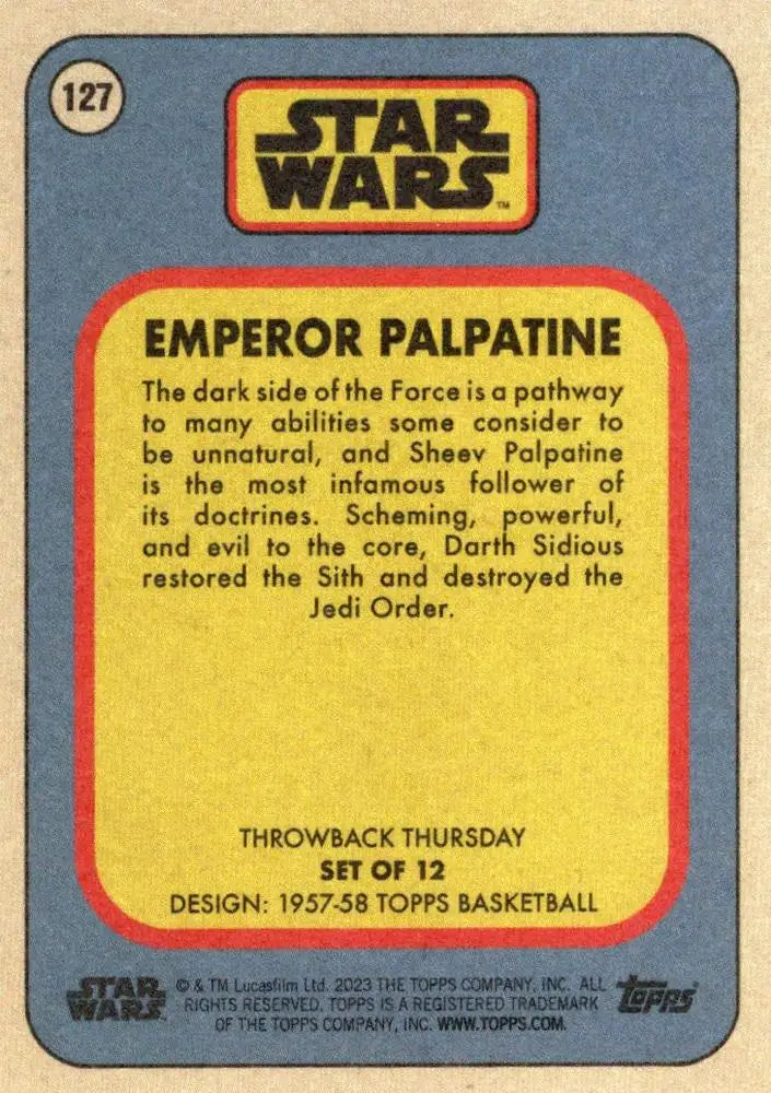 Star Wars trading card of Emperor Palpatine from Topps Basketball 2023 Throwback Thursday
