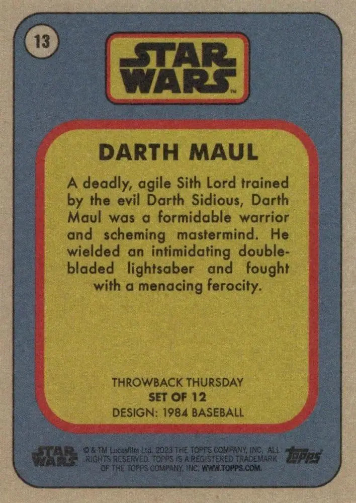 Star Wars Throwback Thursday collectible card featuring Darth Maul with blue border and yellow text