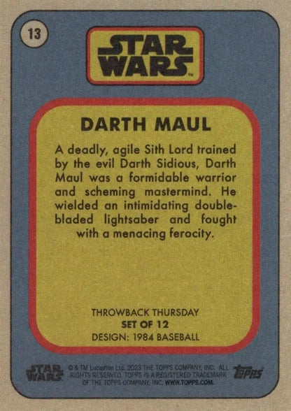 Star Wars Throwback Thursday collectible card featuring Darth Maul with blue border and yellow text