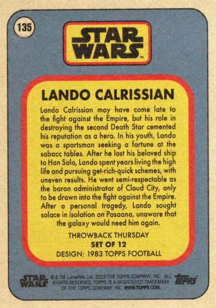 Trading card featuring Lando Calrissian from Star Wars in Topps Football 1983