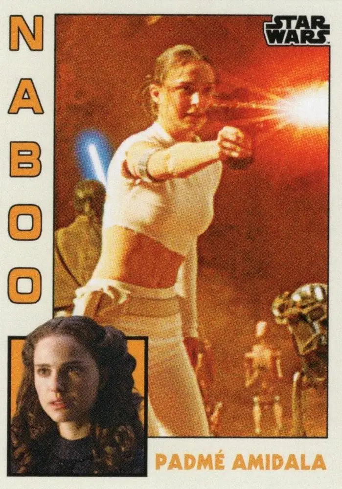 Star Wars trading card featuring Padmé Amidala in a Naboo scene from 1984 baseball cards