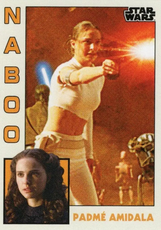 Star Wars trading card featuring Padmé Amidala in a Naboo scene from 1984 baseball cards