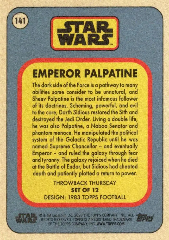 Vintage Star Wars trading card of Emperor Palpatine from Topps Football 1983