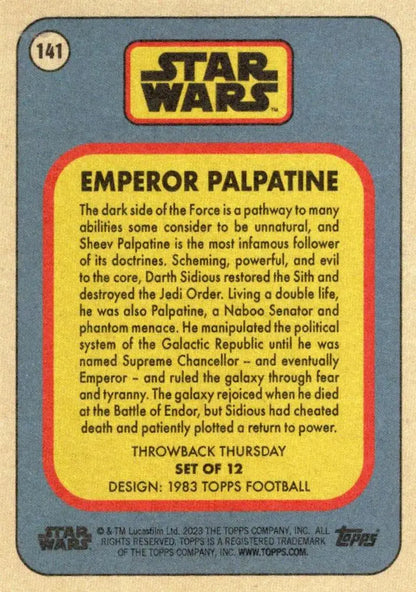 Vintage Star Wars trading card of Emperor Palpatine from Topps Football 1983