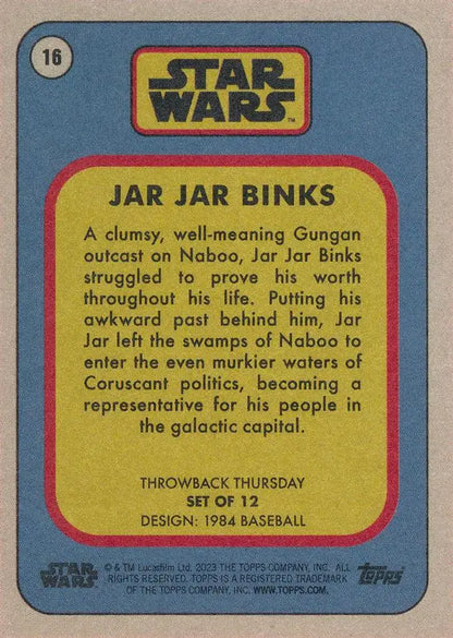 Trading card of Jar Jar Binks from Star Wars in 1984 Baseball style