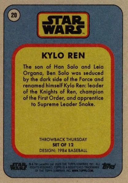 Trading card featuring Kylo Ren from Star Wars in a 1984 baseball style design