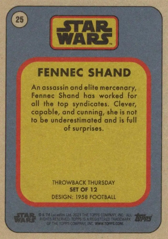 Star Wars trading card featuring Fennec Shand in retro baseball card design