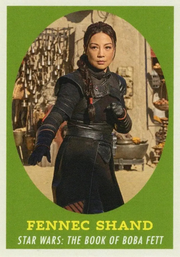 Character portrait of Fennec Shand in dark clothing for Star Wars trading cards