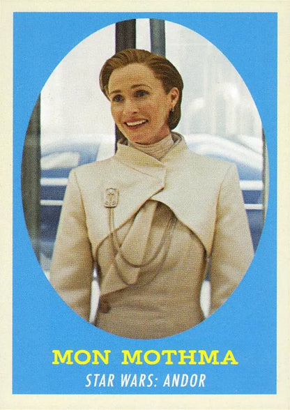 Smiling woman in elegant cream outfit inspired by Star Wars for trading cards