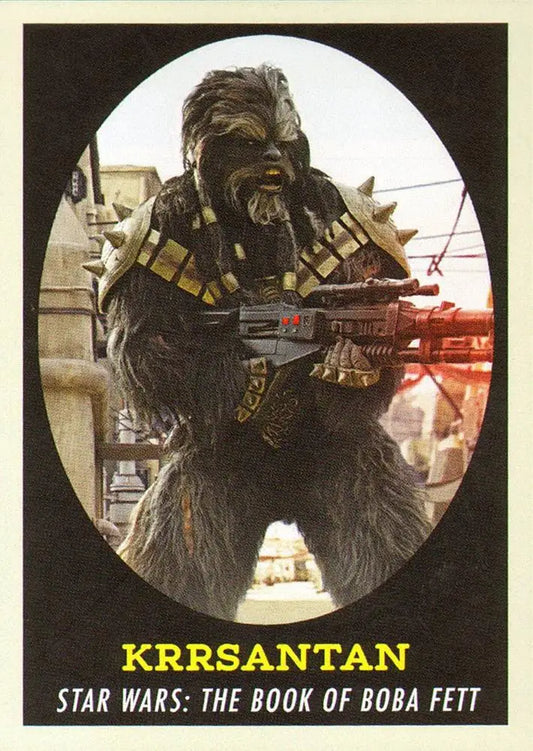 Alien creature with braids and weapon in Star Wars trading card Krrsantan 1958