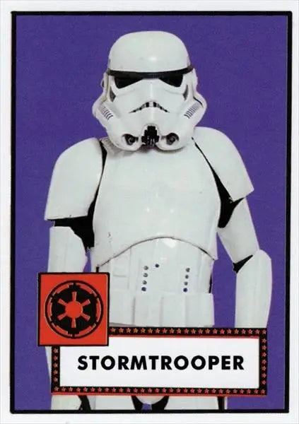 White-armored Stormtrooper figure from Star Wars on trading card inspired by baseball cards